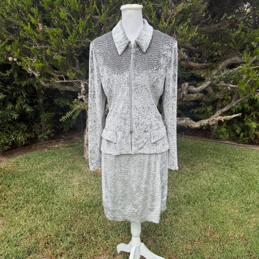Cache Vintage Silver Velvet Metallic Skirt Set Jacket M Made in USA